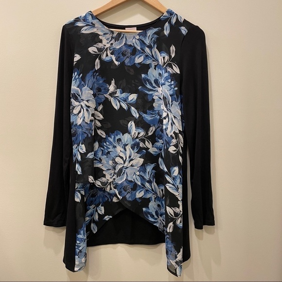 Chico’s Blue and White Floral Print Long Sleeve Blouse - Picture 1 of 6